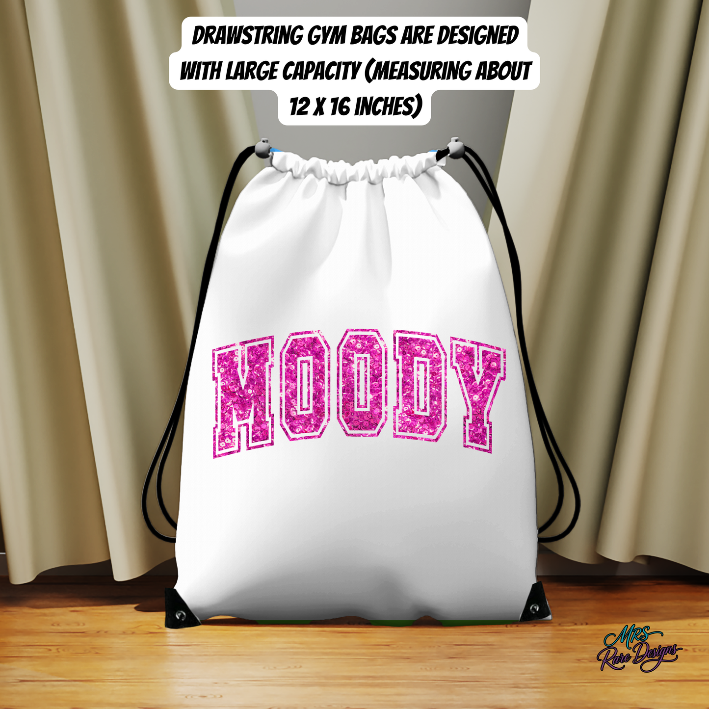 MOODY Glitter Letter Drawstring Gym Bag – Large 12x16 Inch Athletic, Cheer, & Travel Bag