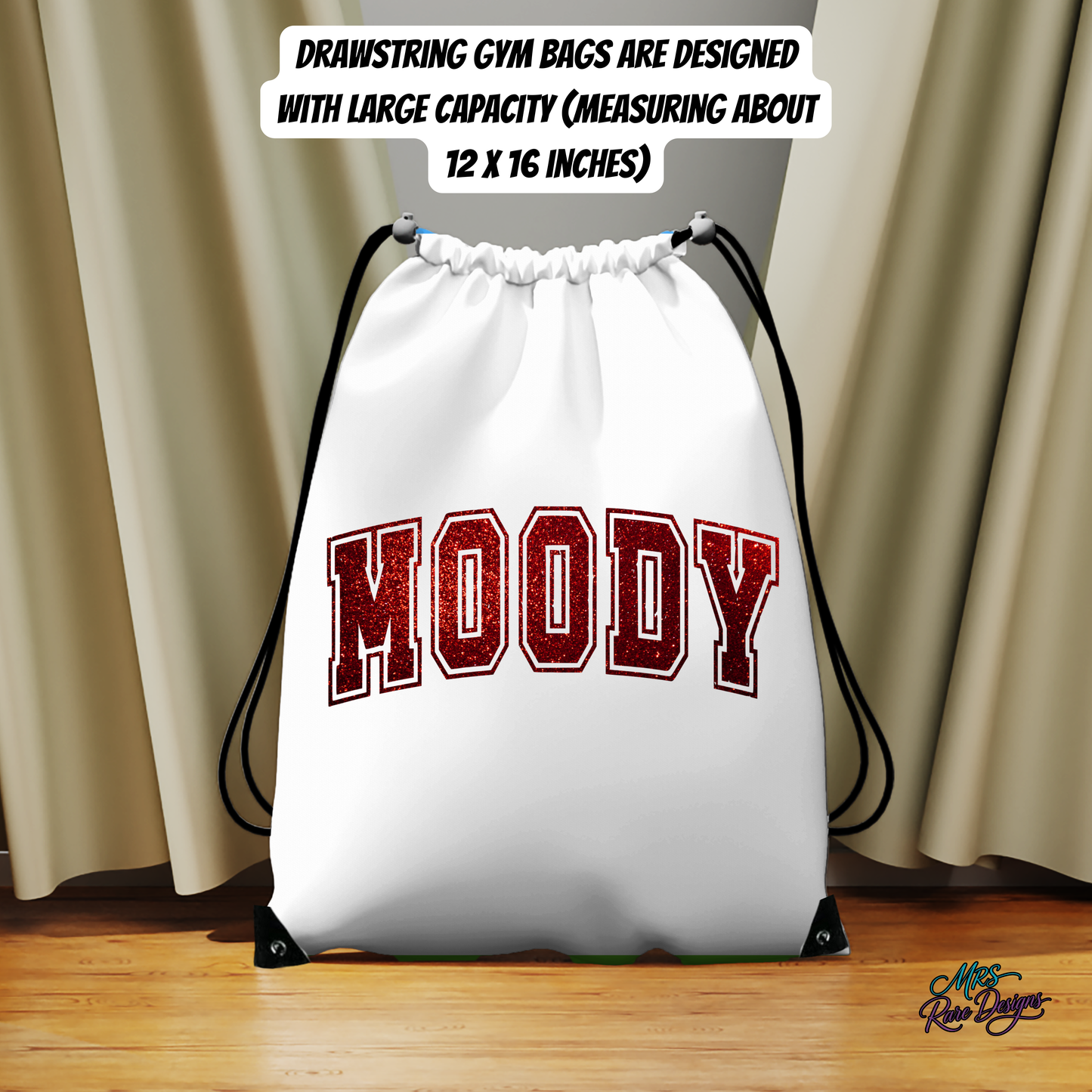 MOODY Glitter Letter Drawstring Gym Bag – Large 12x16 Inch Athletic, Cheer, & Travel Bag