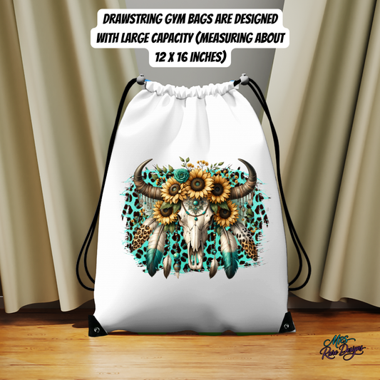 Turquoise Western Drawstring Gym Bags – Horse & Sunflower Skull Boho Cowgirl Collection (12x16 Large)