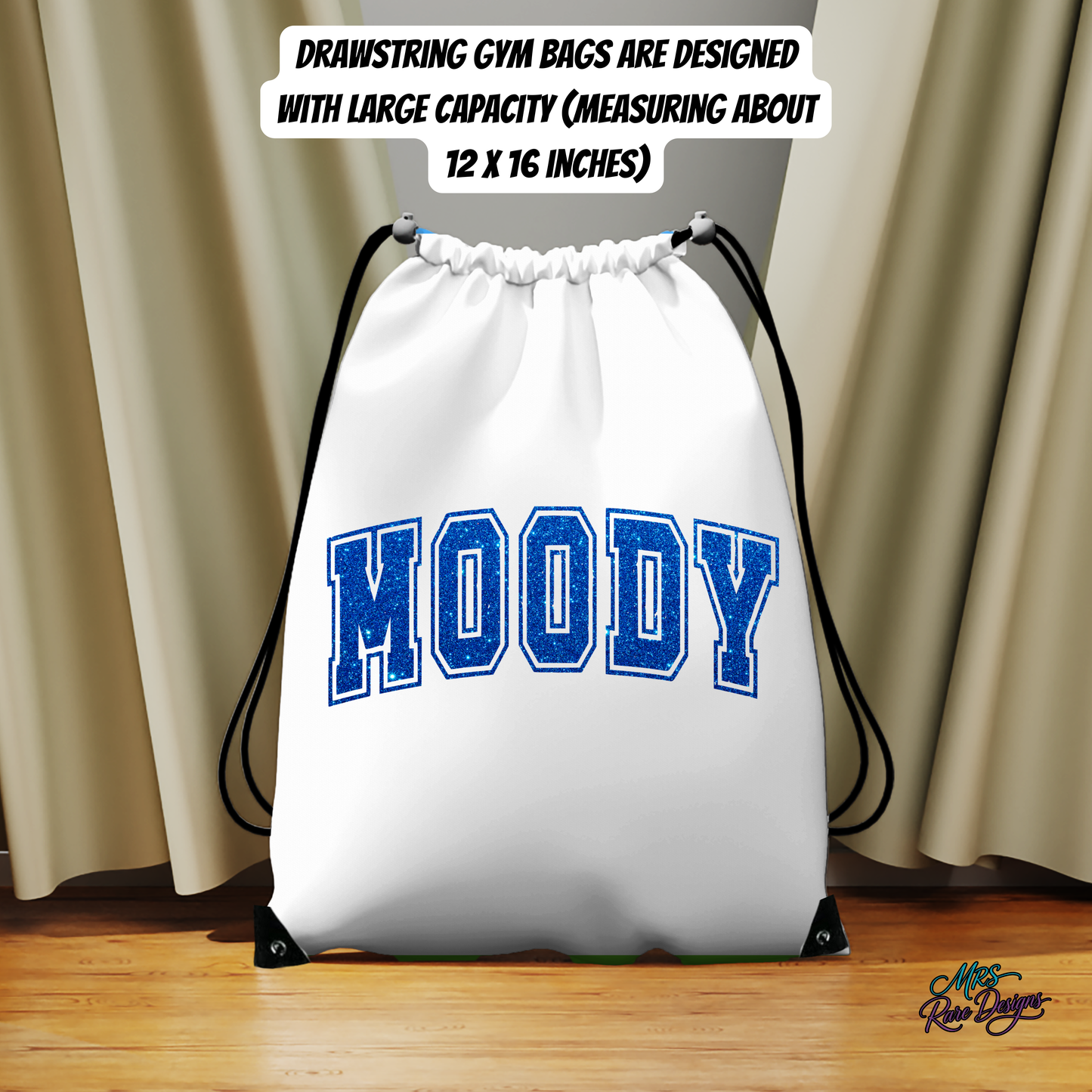 MOODY Glitter Letter Drawstring Gym Bag – Large 12x16 Inch Athletic, Cheer, & Travel Bag
