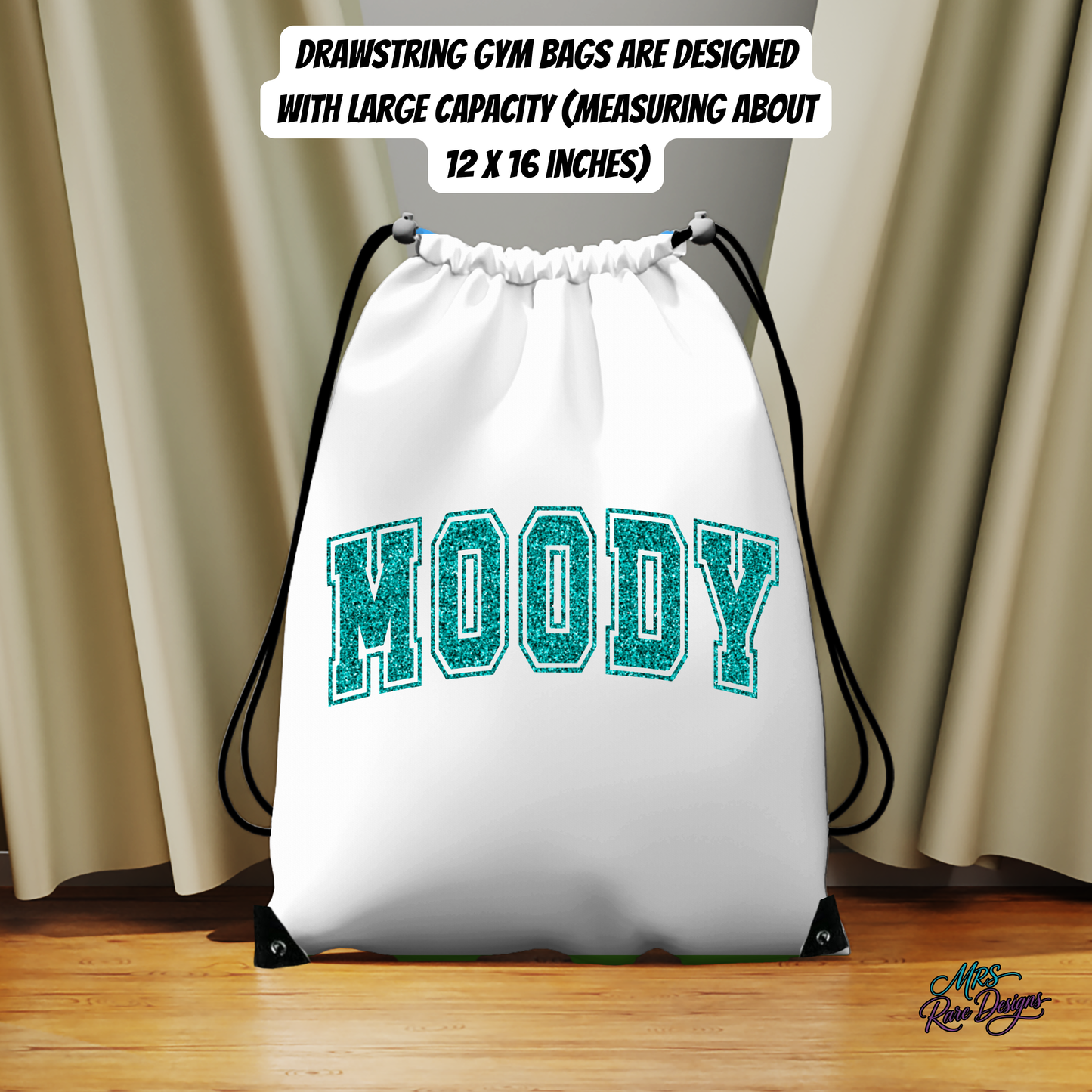 MOODY Glitter Letter Drawstring Gym Bag – Large 12x16 Inch Athletic, Cheer, & Travel Bag