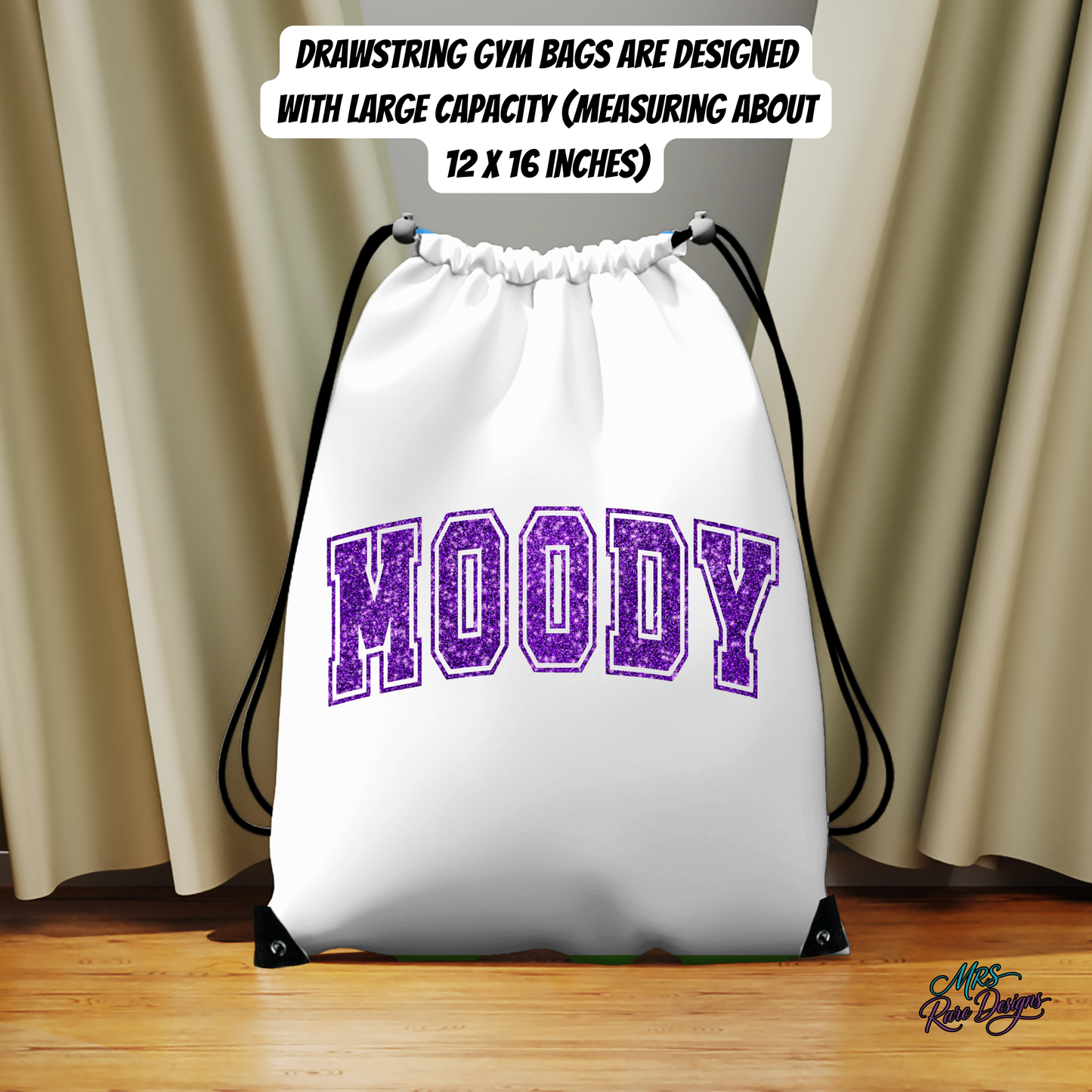 MOODY Glitter Letter Drawstring Gym Bag – Large 12x16 Inch Athletic, Cheer, & Travel Bag
