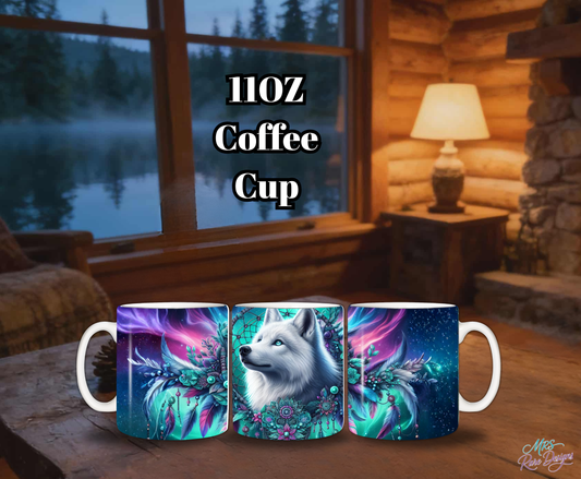 Mystic White Wolf Northern Lights Coffee Mug – 11oz Dreamcatcher Spirit Cup