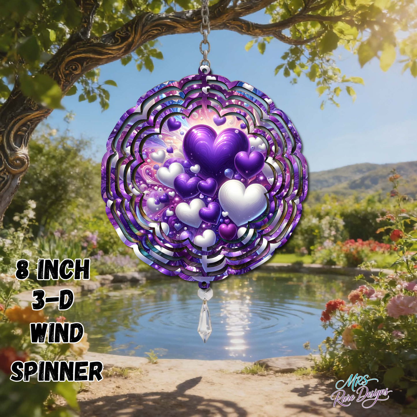 Purple Heart Garden Wind Spinner – 8 Inch 3D Metal Outdoor Spinner with Crystal Accent