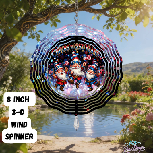 Cheers to 250 Years America's Birthday Gnome 3D Wind Spinner 8" Holographic Patriotic Garden Spinner with Crystal Drop
