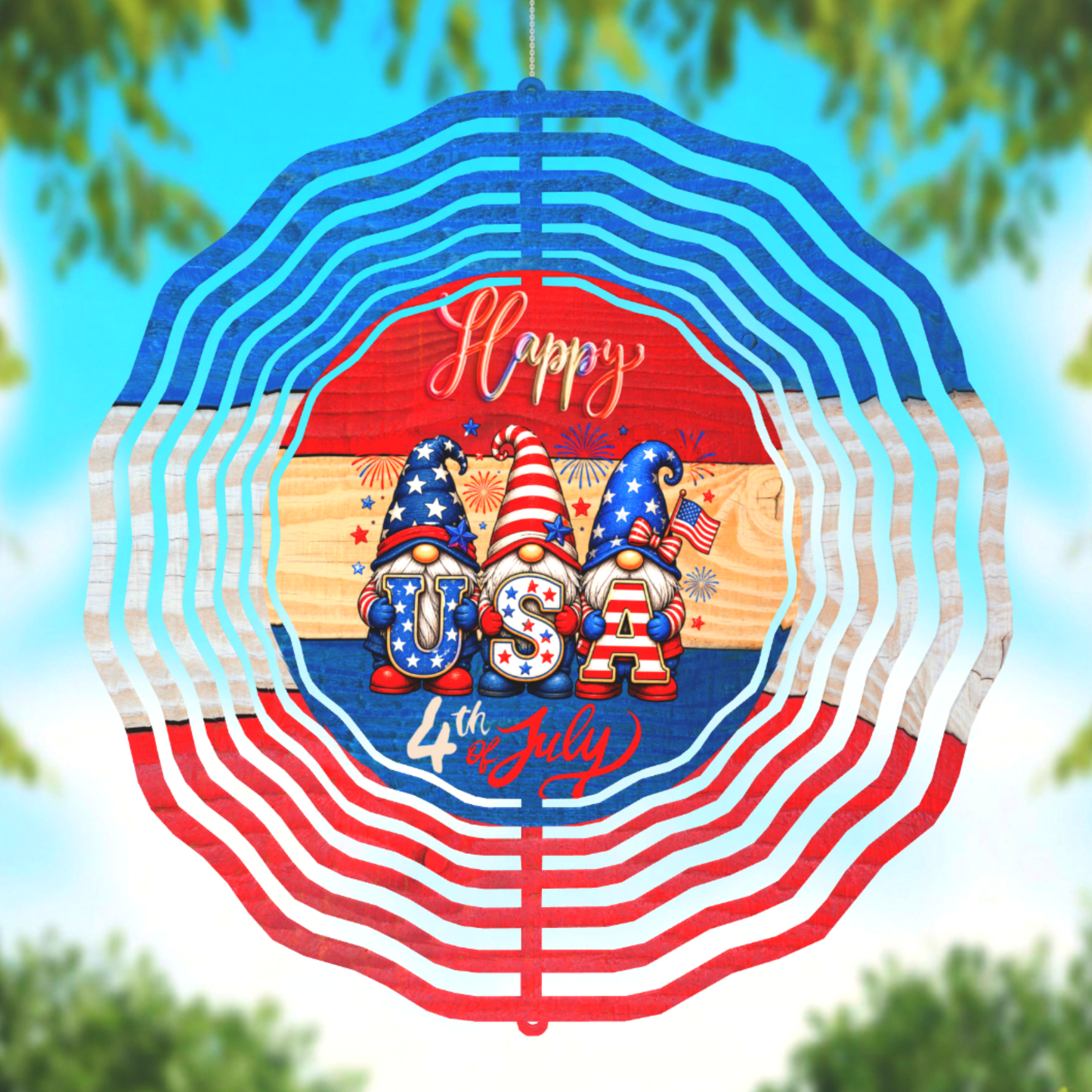 Stars & Gnomes Forever Happy 4th of July 3D Wind Spinner 8" USA Patriotic Garden Spinner with Crystal Drop