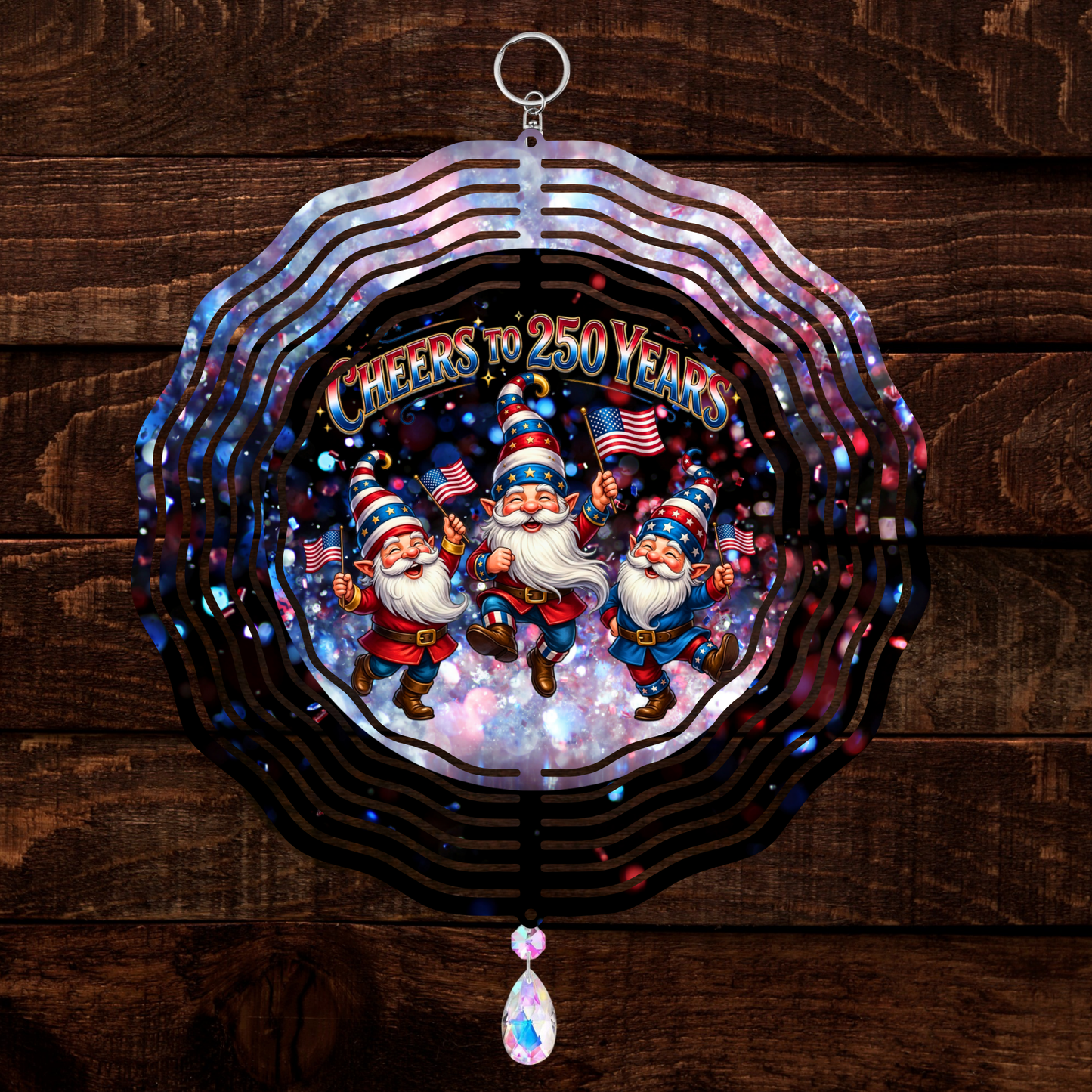 Cheers to 250 Years America's Birthday Gnome 3D Wind Spinner 8" Holographic Patriotic Garden Spinner with Crystal Drop