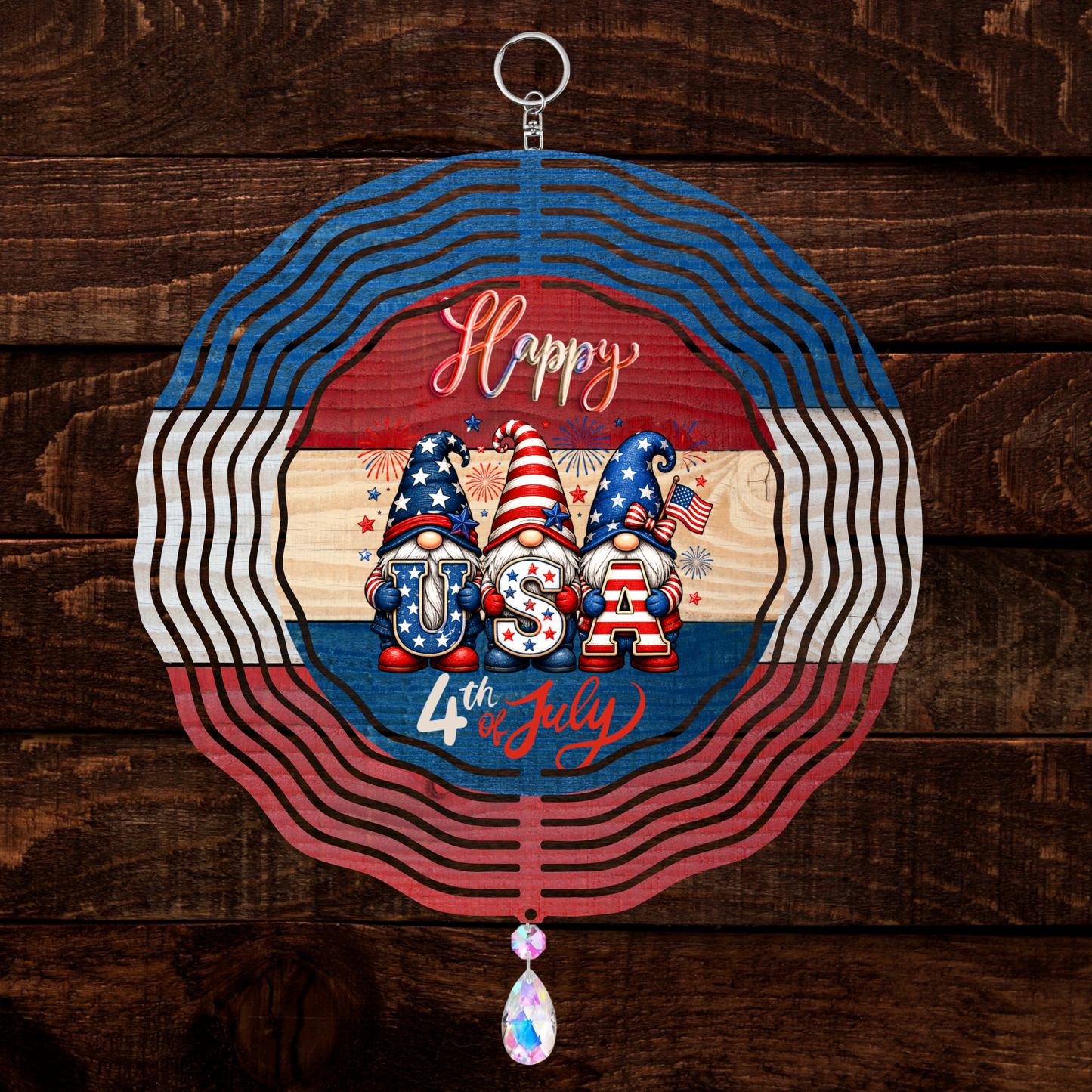 Stars & Gnomes Forever Happy 4th of July 3D Wind Spinner 8" USA Patriotic Garden Spinner with Crystal Drop