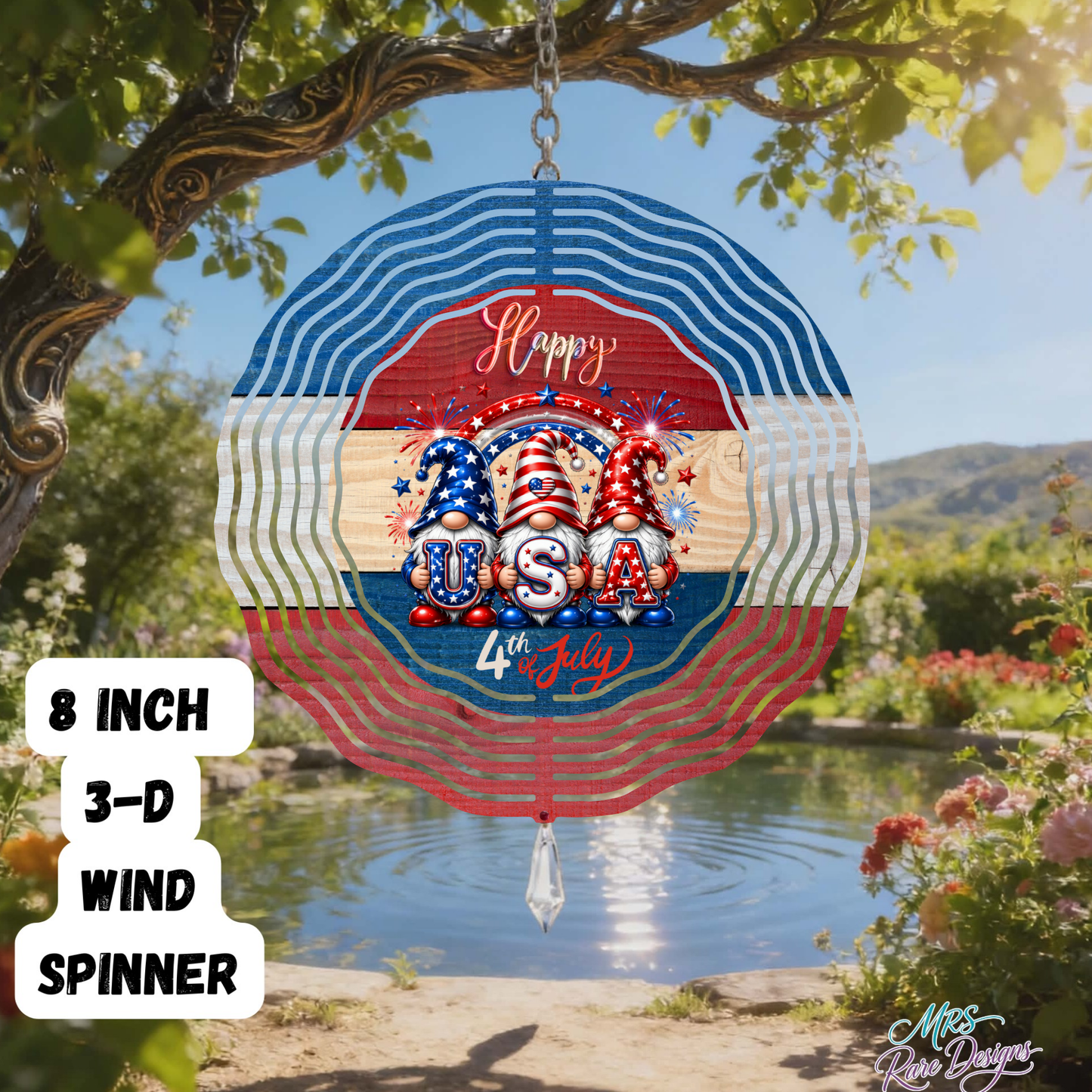 USA Gnome Squad Happy 4th of July 3D Wind Spinner 8" Patriotic Fireworks Garden Spinner with Crystal Drop