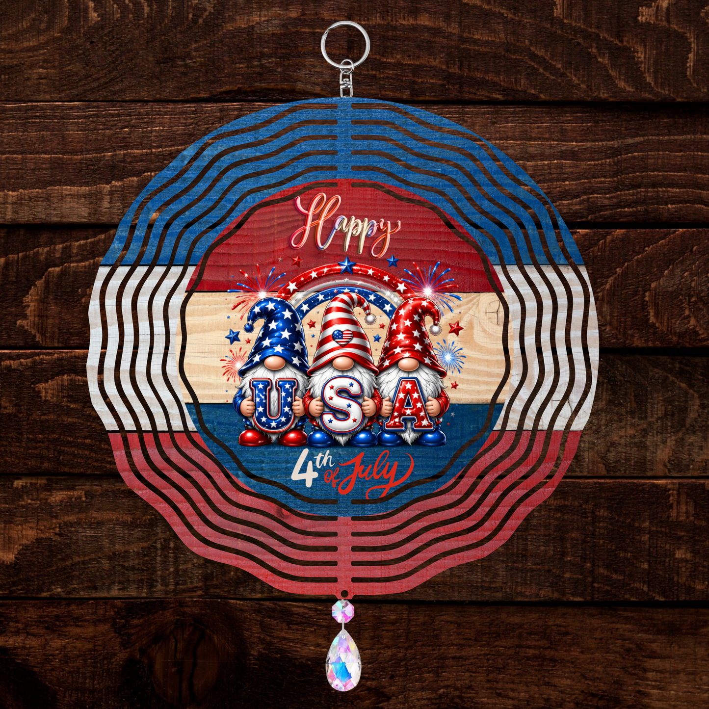 USA Gnome Squad Happy 4th of July 3D Wind Spinner 8" Patriotic Fireworks Garden Spinner with Crystal Drop