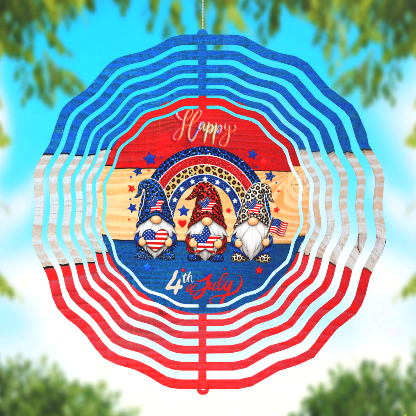 Gnome Sweet Gnome Happy 4th of July 3D Wind Spinner 8" Patriotic Garden Spinner with Crystal Drop