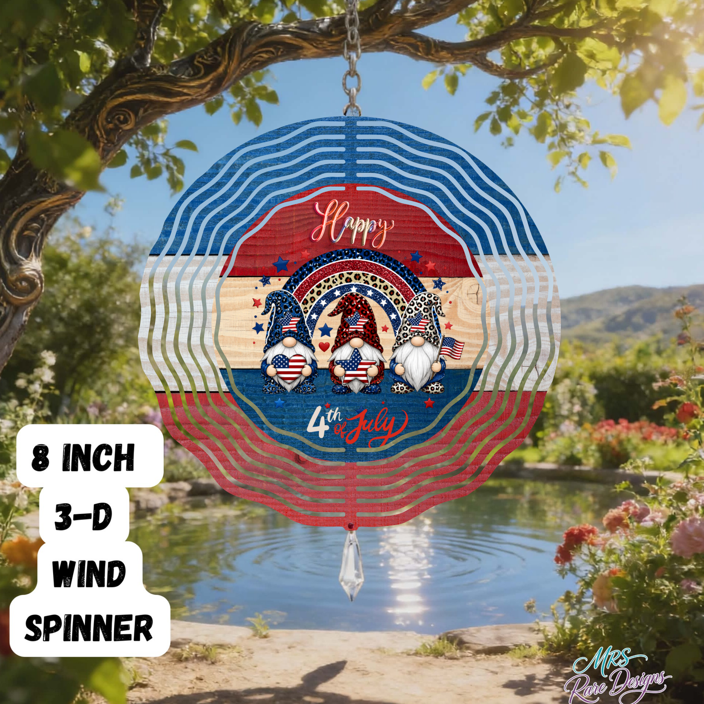 Gnome Sweet Gnome Happy 4th of July 3D Wind Spinner 8" Patriotic Garden Spinner with Crystal Drop
