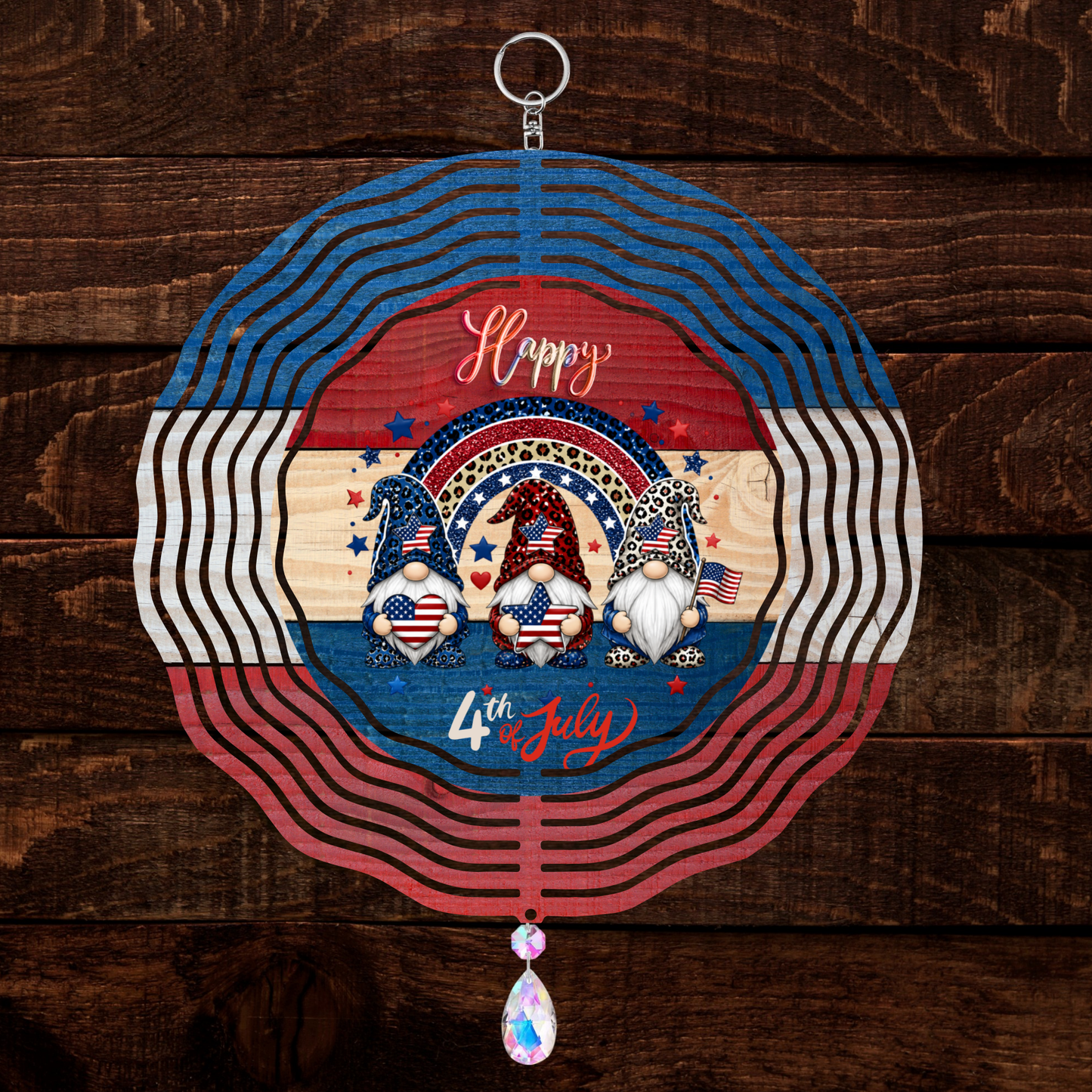 Gnome Sweet Gnome Happy 4th of July 3D Wind Spinner 8" Patriotic Garden Spinner with Crystal Drop