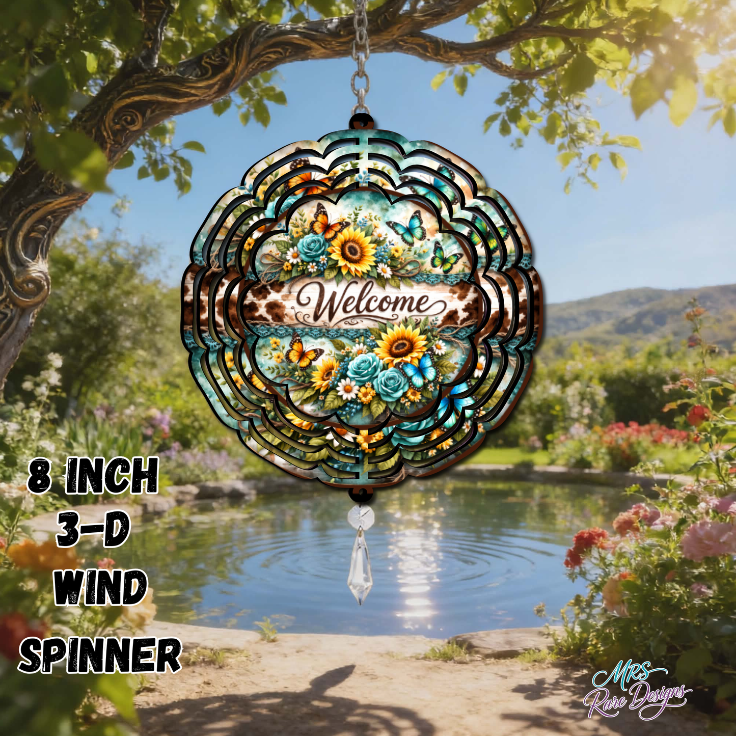 Sunflower Butterfly Welcome 3D Wind Spinner 8 Inch Hanging Garden Decor with Crystal Pendant