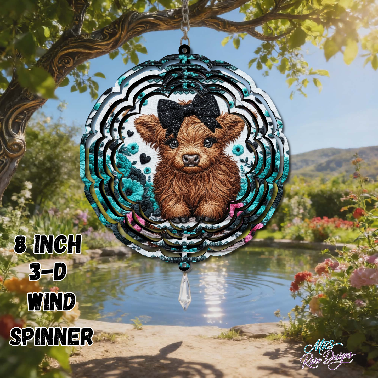 Highland Cow 3D Wind Spinner – 8 Inch Rustic Farmhouse Garden Decor | Fluffy Highland Cattle Outdoor Ornament (Brown, Copper, Teal & Sunset Variants)