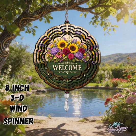 Sunflower Welcome Floral 3D Wind Spinner 8 Inch Hanging Garden Decor with Crystal Pendant