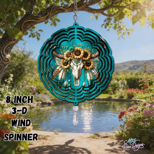 Turquoise Sunflower Boho Bull Skull 3D Wind Spinner – 8-Inch Outdoor Metal Art