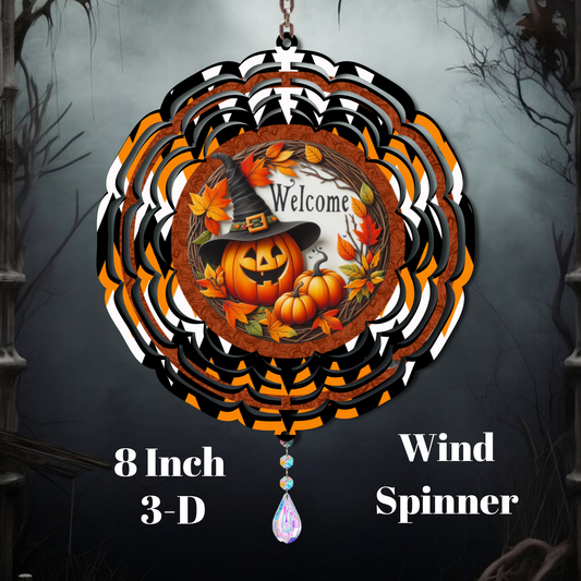 Halloween Pumpkin Welcome Wind Spinner – 8 Inch 3D Outdoor Hanging Decor