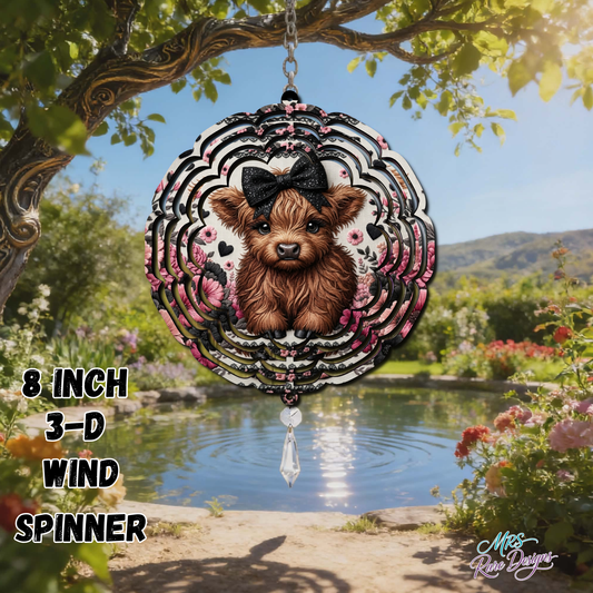 Highland Cow 3D Wind Spinner – 8 Inch Rustic Farmhouse Garden Decor | Fluffy Highland Cattle Outdoor Ornament (Brown, Copper, Teal & Sunset Variants)
