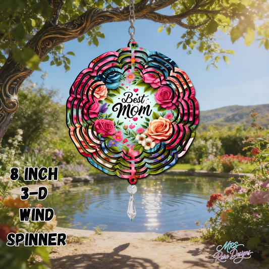 Best Mom Floral 3D Wind Spinner 8 Inch Hanging Garden Decor with Crystal Pendant