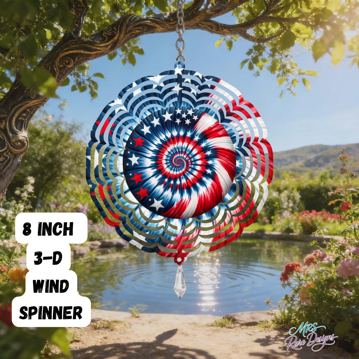 Stars & Swirls Patriotic 3D Wind Spinner 8" Red White & Blue Tie-Dye Garden Art