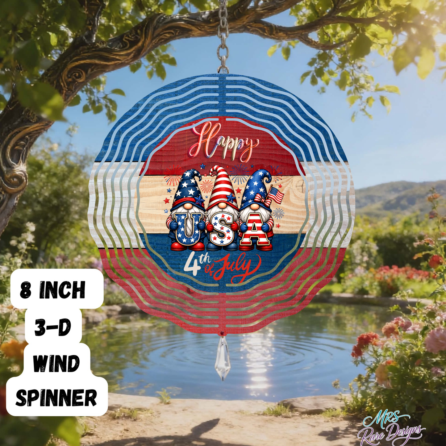 Stars & Gnomes Forever Happy 4th of July 3D Wind Spinner 8" USA Patriotic Garden Spinner with Crystal Drop