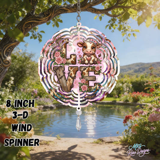 Rustic LOVE Baby Cow Floral Wind Spinner – 8 Inch 3D Metal Garden Decor