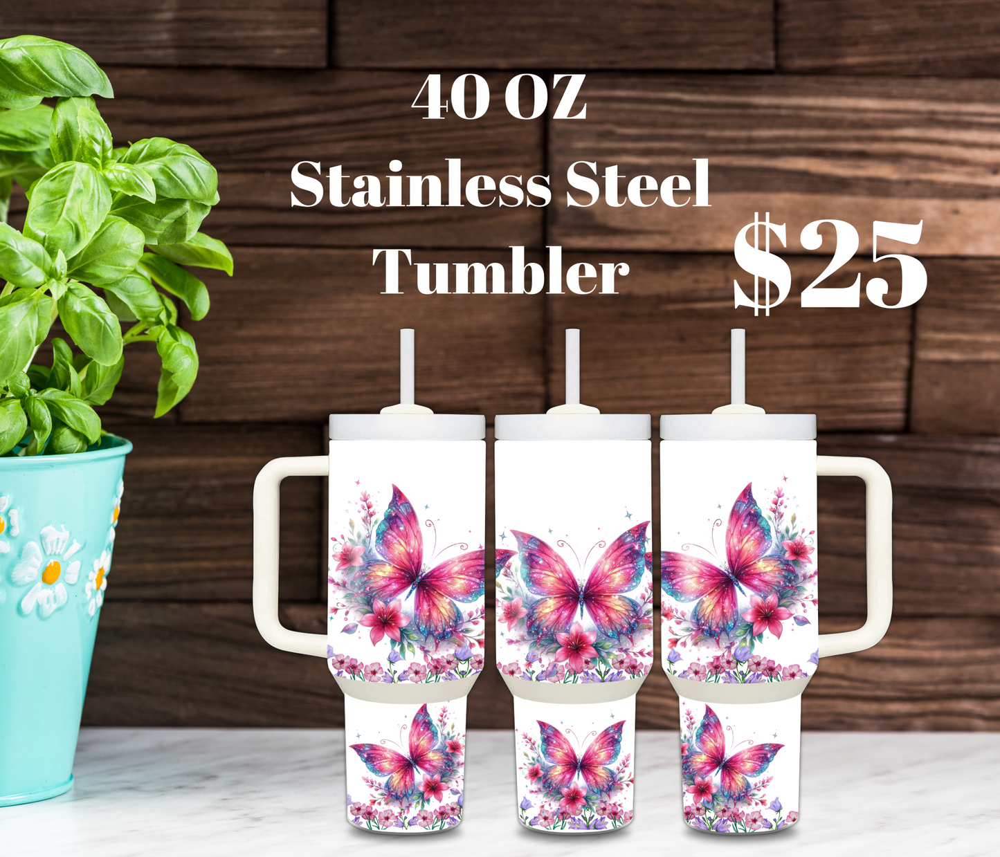 Blushing Butterfly 40oz Stainless Steel Tumbler