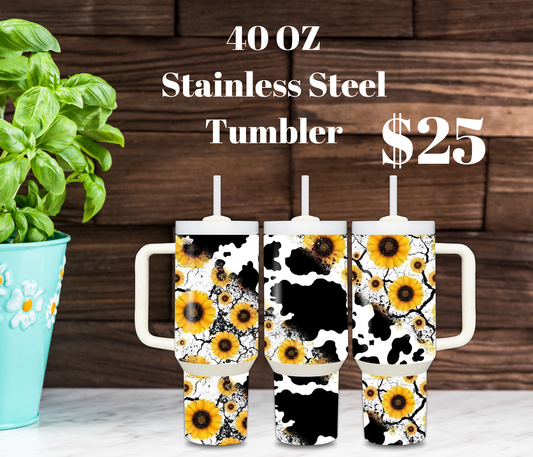 Cow Print Sunflower 40oz Stainless Steel Tumbler