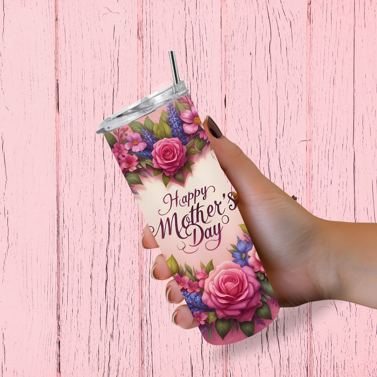Happy Mother’s Day Pink Floral 30oz Stainless Steel Tumbler with Lid & Straw