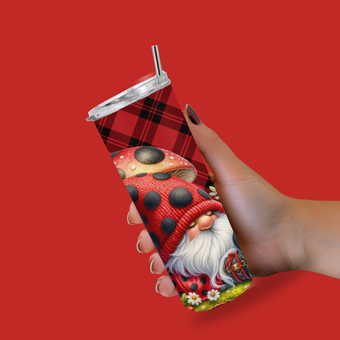 Ladybug Mushroom Gnome 30oz Stainless Steel Tumbler – Red Buffalo Plaid Woodland Drinkware