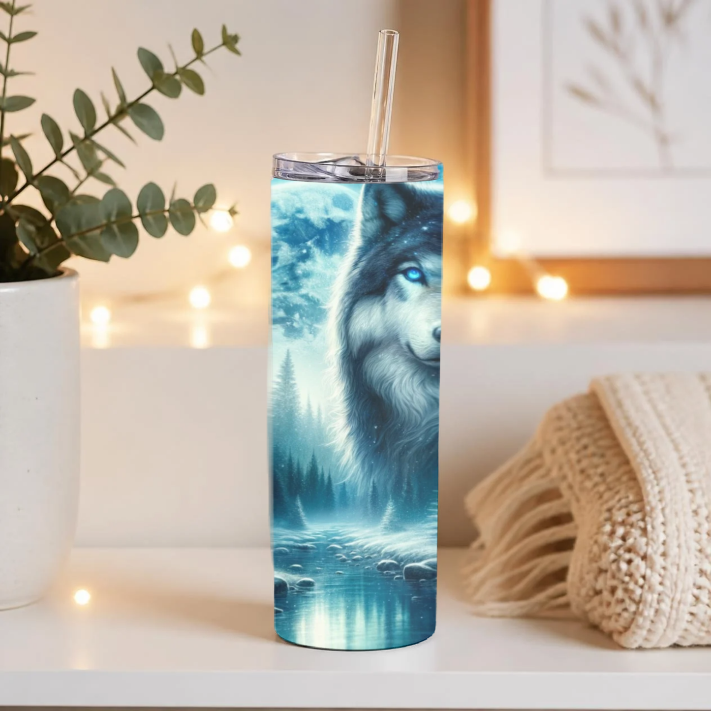 20 oz Blue-Eyed Wolf Stainless Steel Tumbler with Reusable Straw
