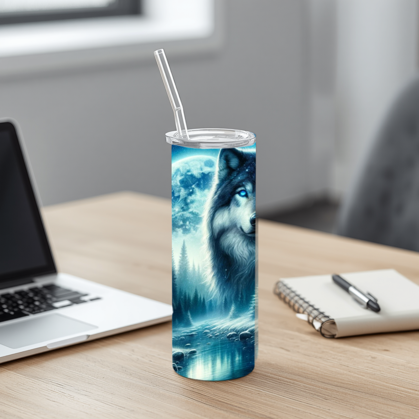 20 oz Blue-Eyed Wolf Stainless Steel Tumbler with Reusable Straw