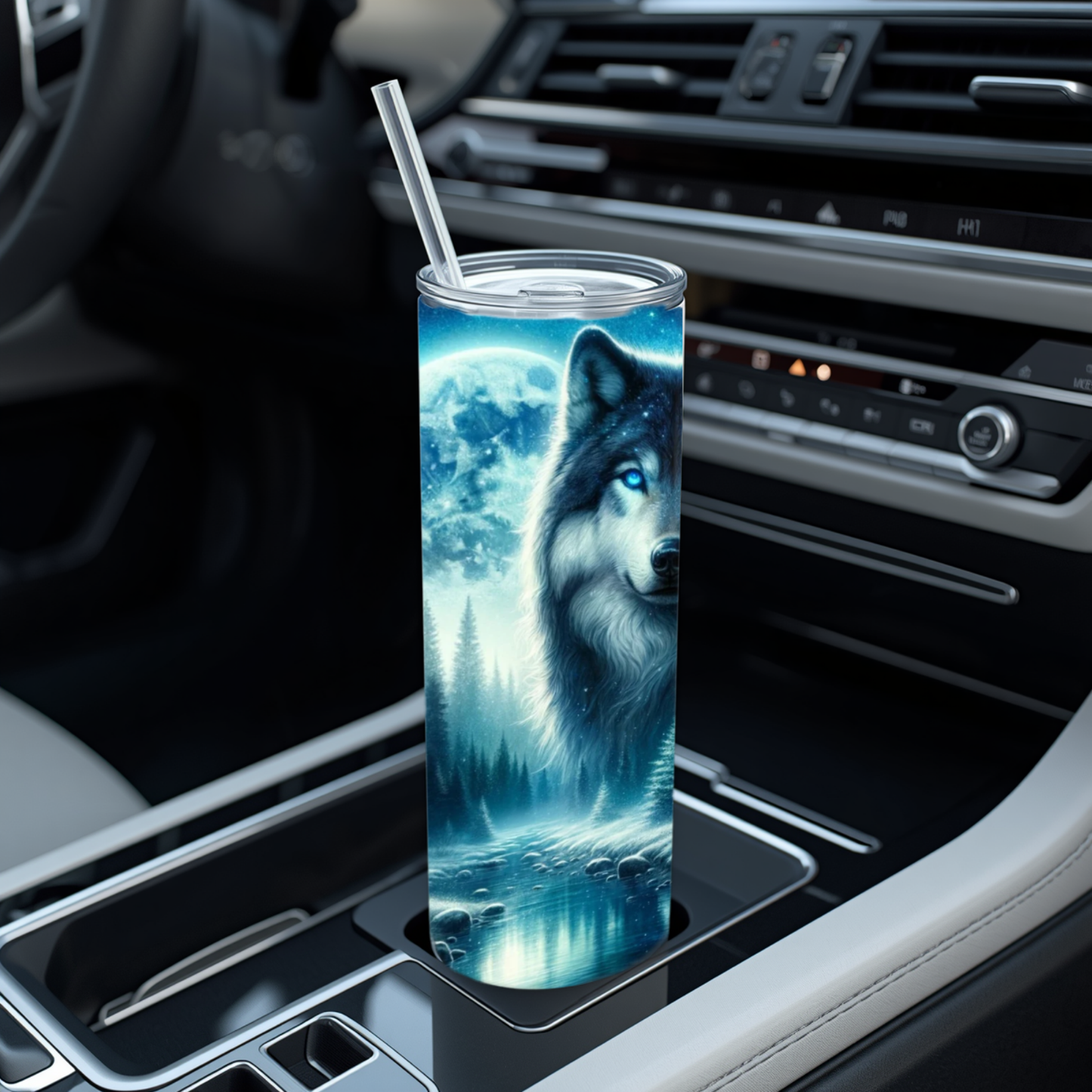 20 oz Blue-Eyed Wolf Stainless Steel Tumbler with Reusable Straw