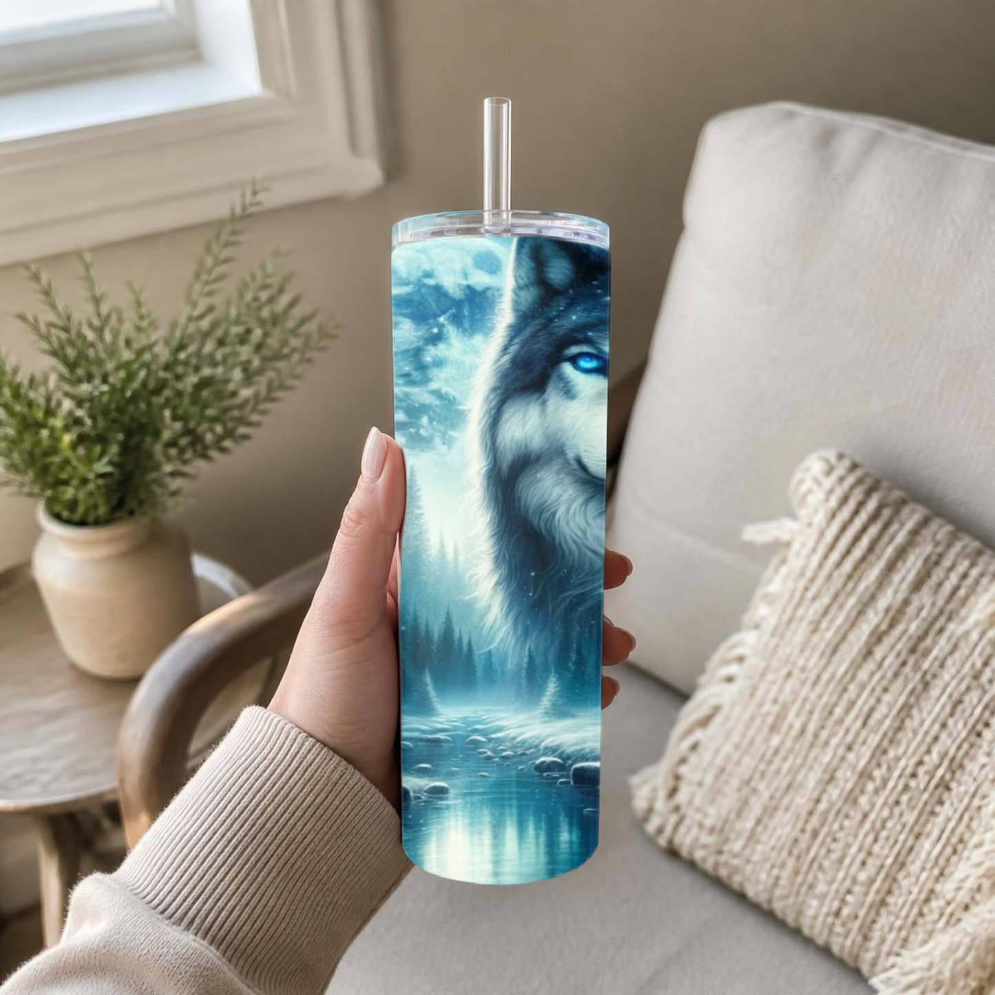 20 oz Blue-Eyed Wolf Stainless Steel Tumbler with Reusable Straw
