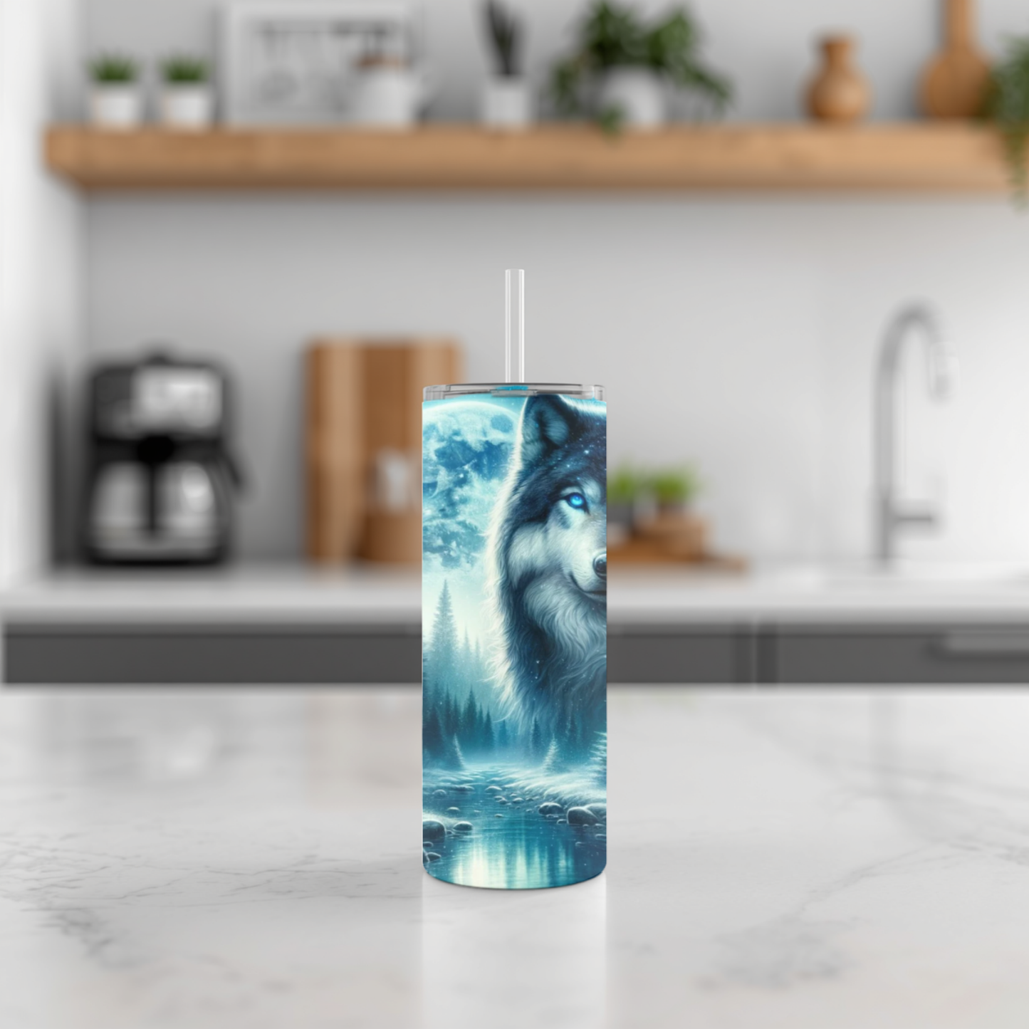 20 oz Blue-Eyed Wolf Stainless Steel Tumbler with Reusable Straw
