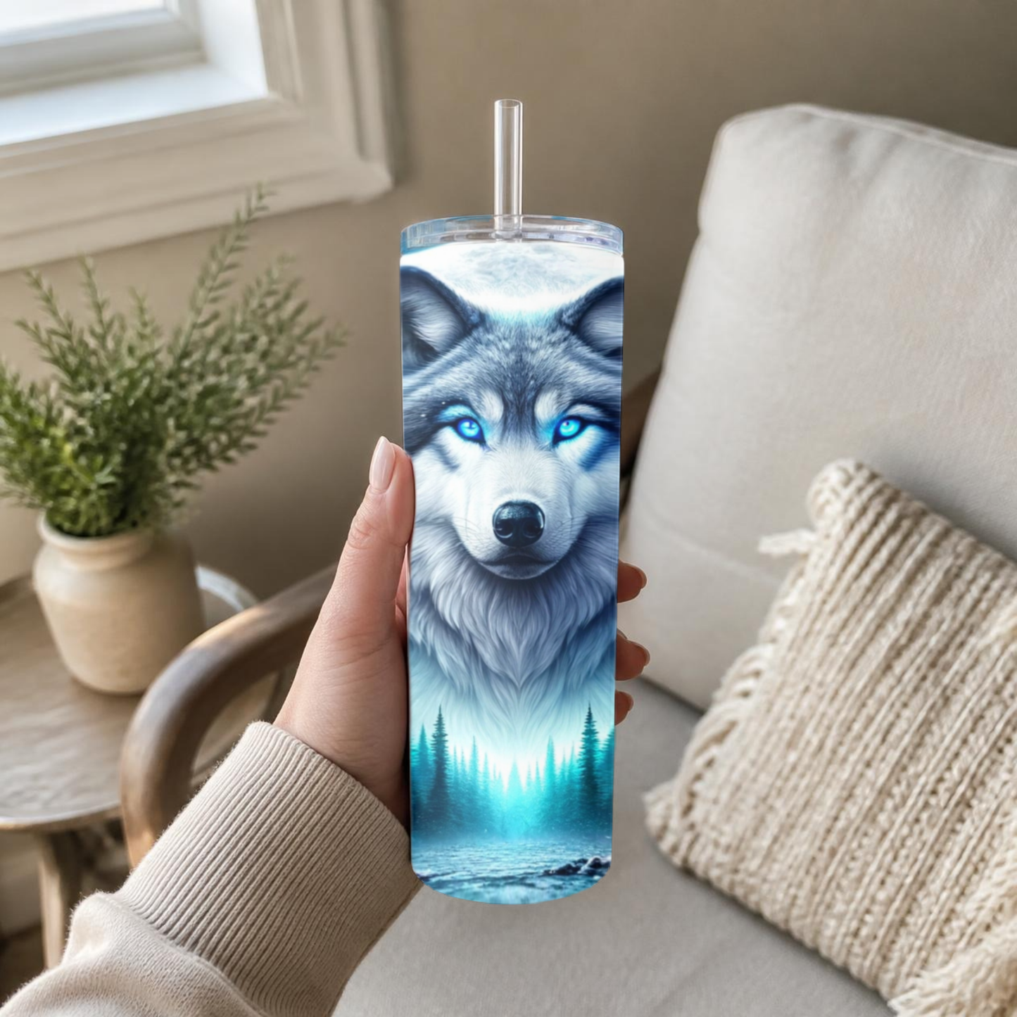 Midnight Sentinel: 20 oz Blue-Eyed Wolf Tumbler with Reusable Straw