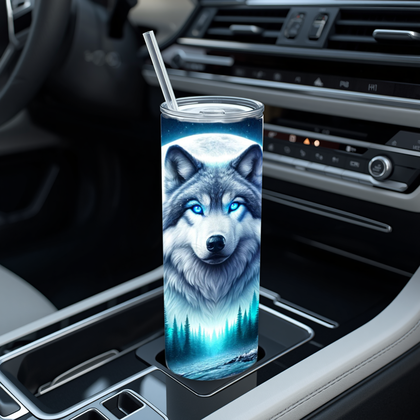 Midnight Sentinel: 20 oz Blue-Eyed Wolf Tumbler with Reusable Straw