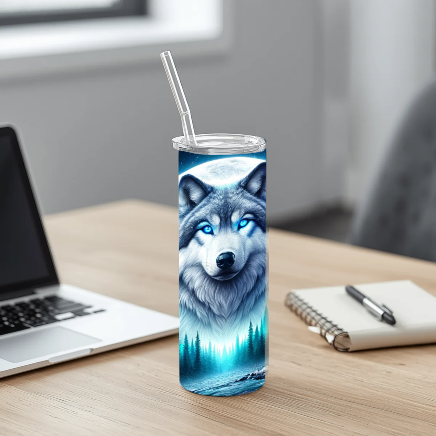 Midnight Sentinel: 30 oz Blue-Eyed Wolf Tumbler with Reusable Straw