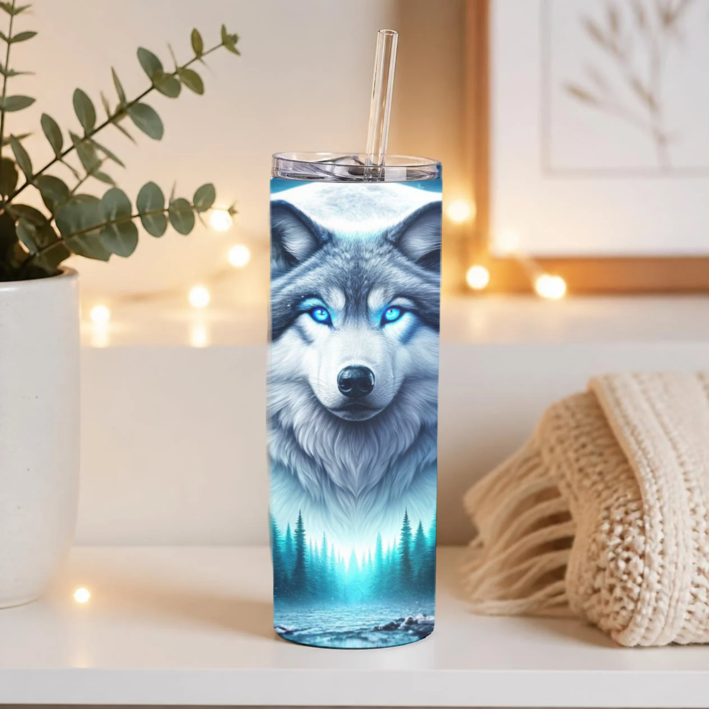 Midnight Sentinel: 20 oz Blue-Eyed Wolf Tumbler with Reusable Straw