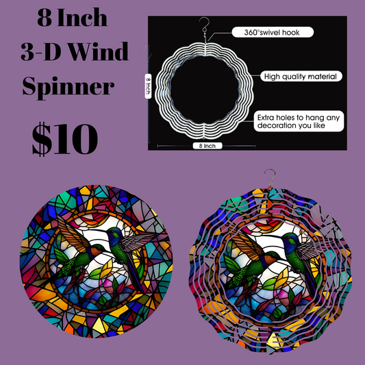 8 Inch 3-D Wind Spinner with Hummingbird Stained Glass Design