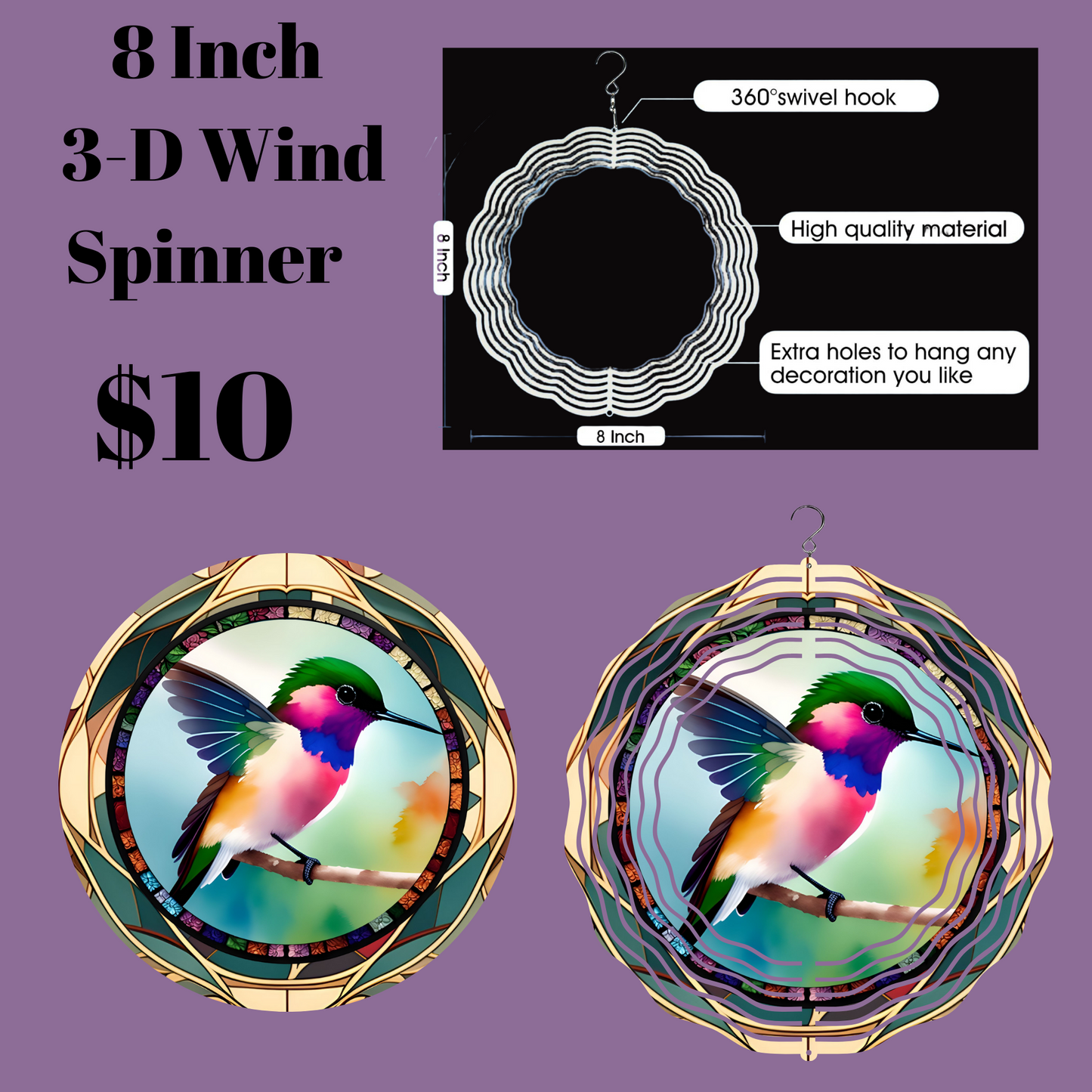 8 Inch 3-D Wind Spinner with Vibrant Hummingbird Design