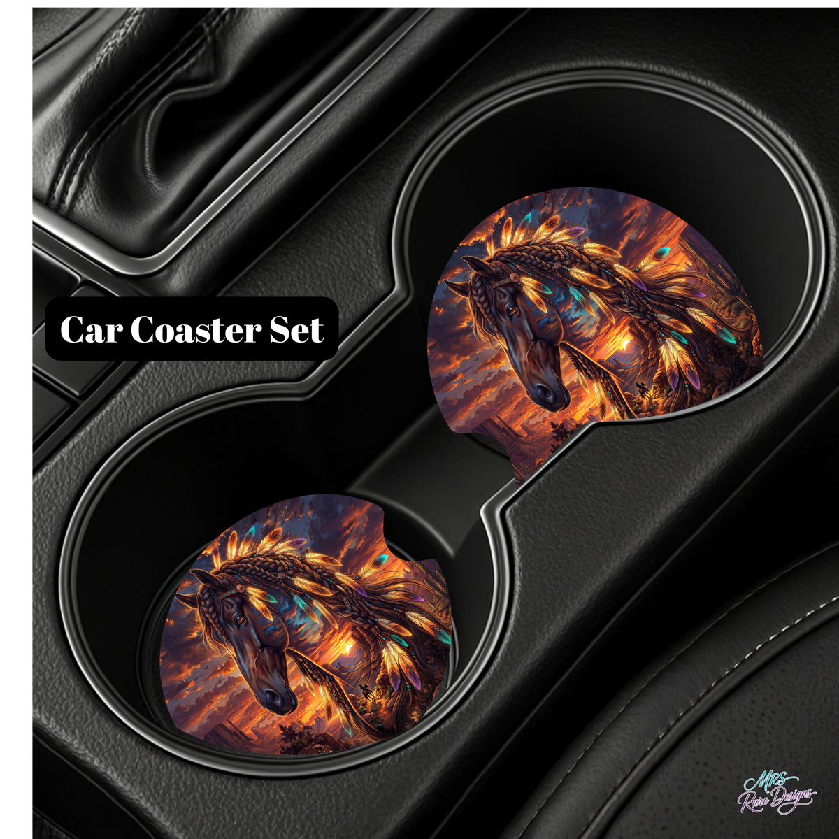 Sunset Spirit Feather Horse Car Coaster Set