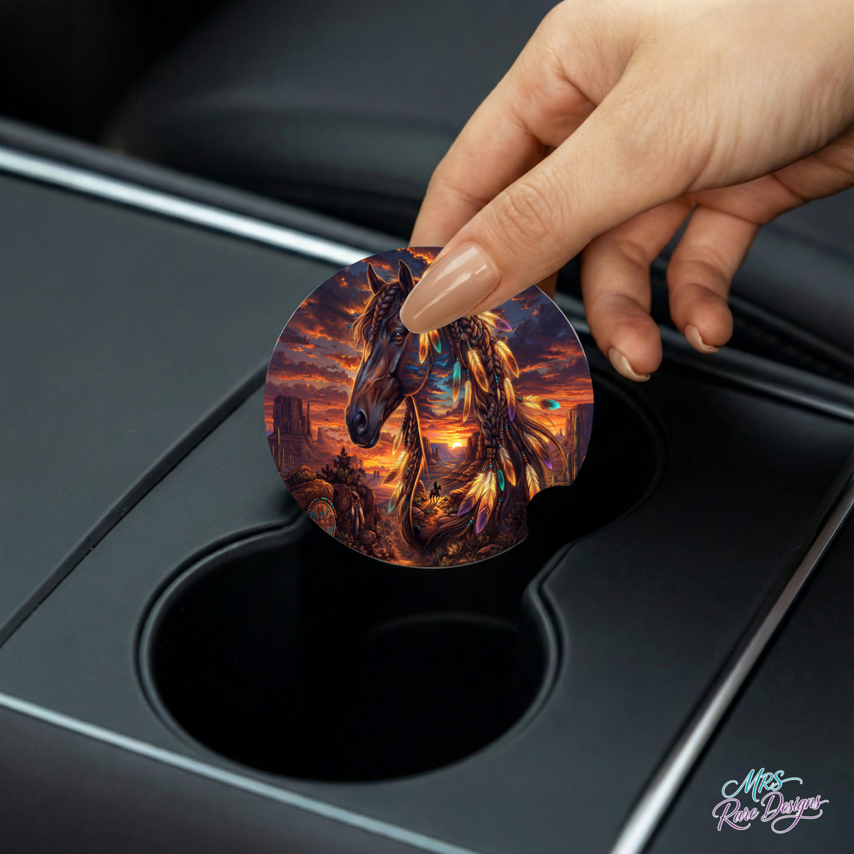 Sunset Spirit Feather Horse Car Coaster Set