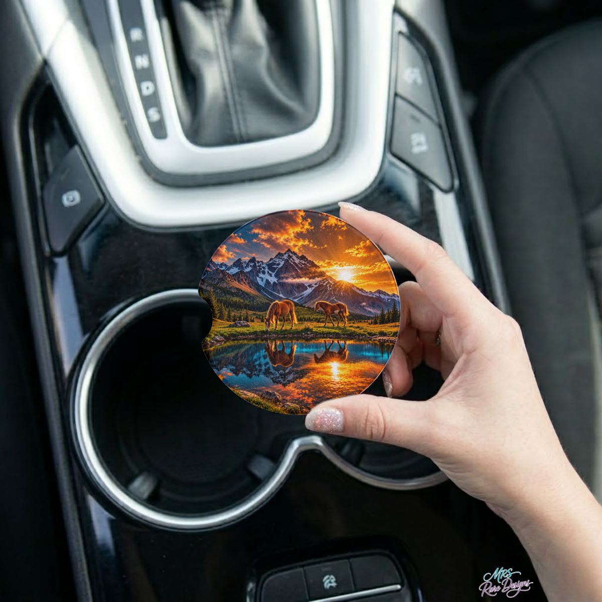 Golden Trails Horse & Mountain Neoprene Car Coasters – Set of 2