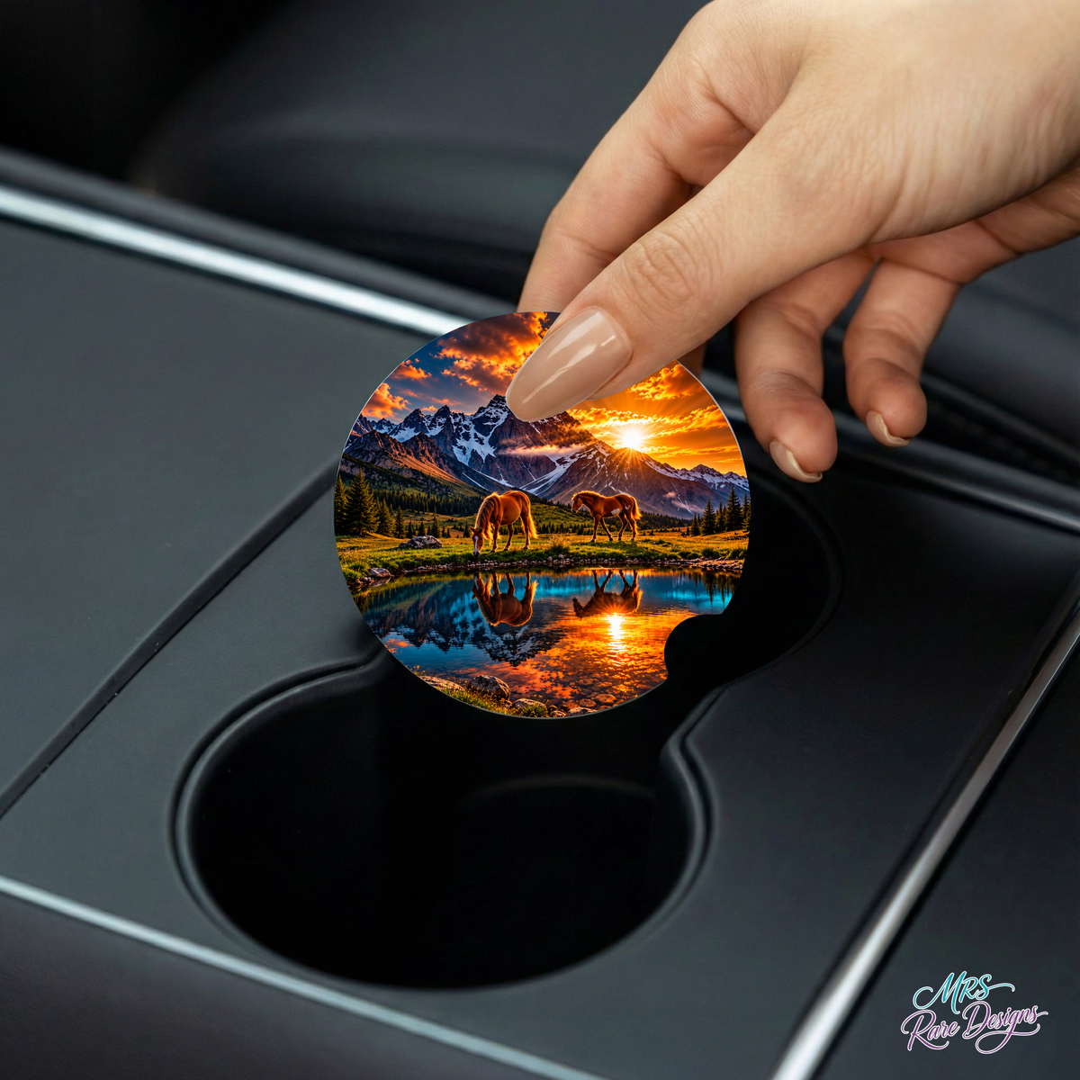 Golden Trails Horse & Mountain Neoprene Car Coasters – Set of 2