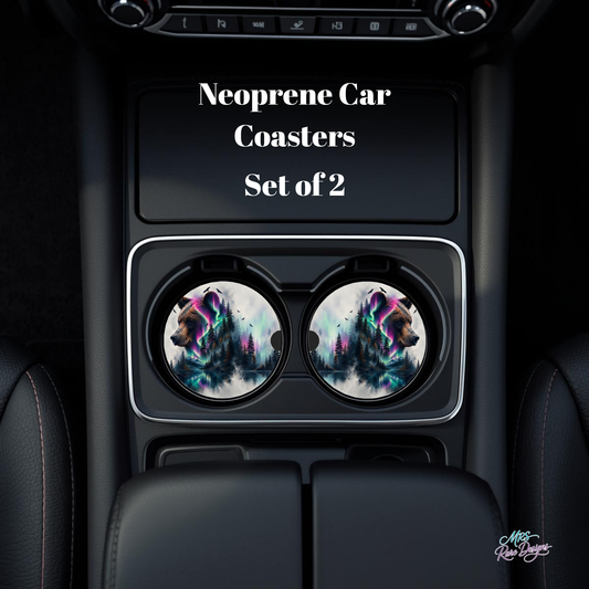 Northern Lights Bear Neoprene Car Coasters - Set of 2