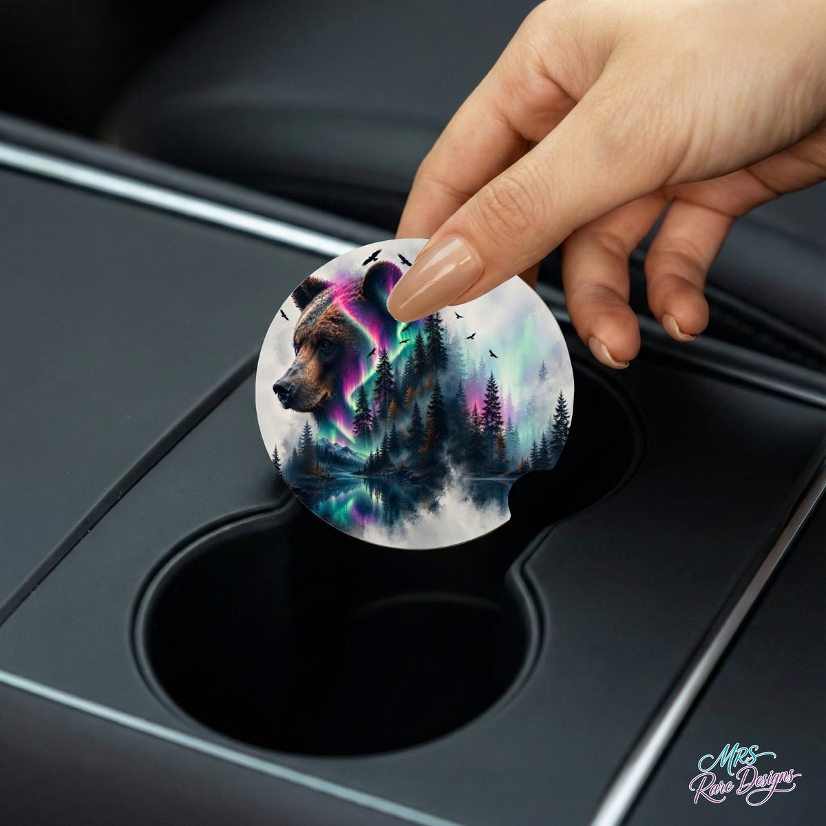 Northern Lights Bear Neoprene Car Coasters - Set of 2
