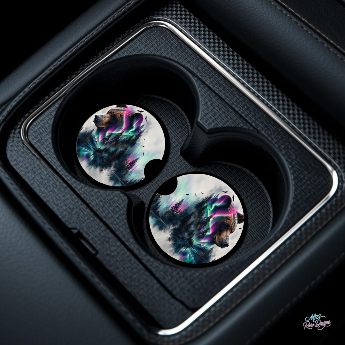 Northern Lights Bear Neoprene Car Coasters - Set of 2