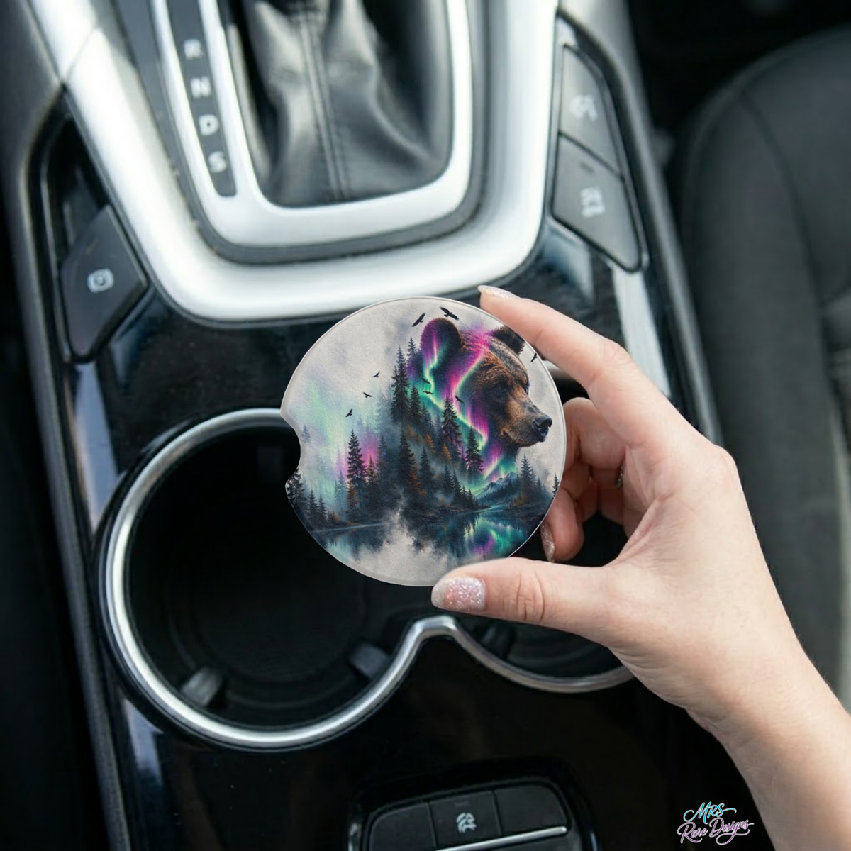 Northern Lights Bear Neoprene Car Coasters - Set of 2